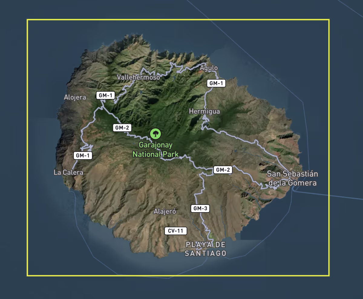 A map of La Gomera with satellite imagery, with the area of interest shown as a yellow bounding box.