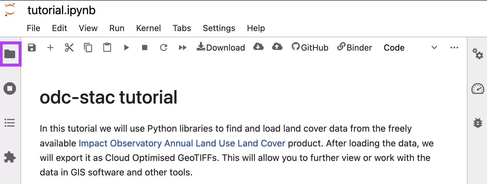 A view of a Jupyter notebook environment showing that the tutorial.ipynb file is loaded. The file is open with the header "odc-stac tutorial".