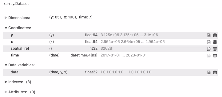 A table showing a summary of the loaded xarray, including dimensions, coordinates, and data variables.